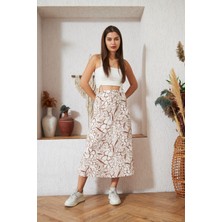 Darlin Moda Bej Çiçek Desenli Midi Etek DM2015