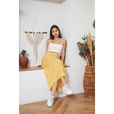 Darlin Moda Sarı Çiçek Desenli Yırtmaçlı Midi Etek DM2014