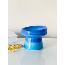 Stilin Bu Kedi Mama Kabı El Yapımı Seramik Gökkuşağı Mavi