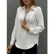 Trend Butik Taş Detay V Yaka Gömlek