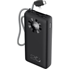 Coverzone Joko Powerbank 20000MAH Type-C Lighning 2in1 Dahili El Askılı USB Kablo 15W Hızlı Şarj Çift Usb,1 Type-C Girişli Dijital Ekranlı J08 Siyah