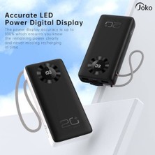 Coverzone Joko Powerbank 20000MAH Type-C Lighning 2in1 Dahili El Askılı USB Kablo 15W Hızlı Şarj Çift Usb,1 Type-C Girişli Dijital Ekranlı J08 Siyah