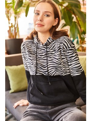 RYN Tasarım Zebra Desen 3 Iplik Kapüşonlu Sweatshirt