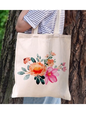 BK Gift Çiçek Tasarımlı Kanvas Bez Çanta, Baskılı Omuz Çantası, Alışveriş Çantası, Plaj Çantası10