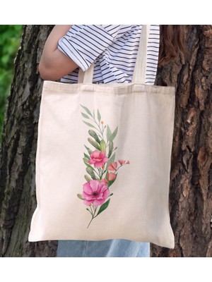BK Gift Çiçek Tasarımlı Kanvas Bez Çanta, Baskılı Omuz Çantası, Alışveriş Çantası, Plaj Çantası1