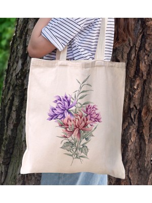 BK Gift Çiçek Tasarımlı Kanvas Bez Çanta, Baskılı Omuz Çantası, Alışveriş Çantası, Plaj Çantası2