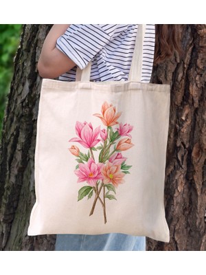 BK Gift Çiçek Tasarımlı Kanvas Bez Çanta, Baskılı Omuz Çantası, Alışveriş Çantası, Plaj Çantası4