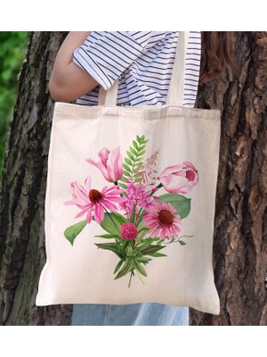 BK Gift Çiçek Tasarımlı Kanvas Bez Çanta, Baskılı Omuz Çantası, Alışveriş Çantası, Plaj Çantası6