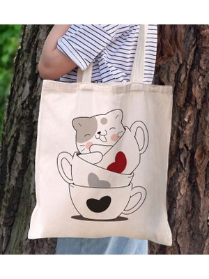 BK Gift Kedi Tasarımlı Kanvas Bez Çanta, Baskılı Omuz Çantası, Alışveriş Çantası, Plaj Çantası10