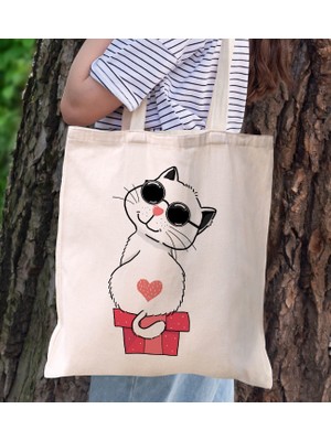 BK Gift Kedi Tasarımlı Kanvas Bez Çanta, Baskılı Omuz Çantası, Alışveriş Çantası, Plaj Çantası6