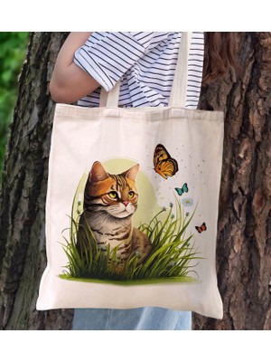 BK Gift Kedi Tasarımlı Kanvas Bez Çanta, Baskılı Omuz Çantası, Alışveriş Çantası, Plaj Çantası8