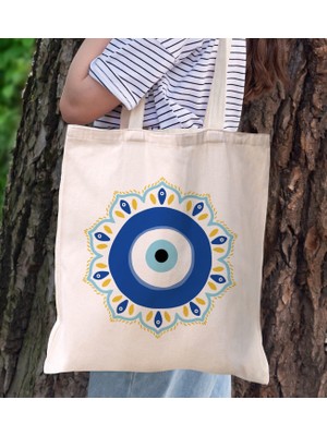 BK Gift Nazar Boncuğu Tasarımlı Kanvas Bez Çanta, Baskılı Omuz Çantası, Alışveriş Çantası, Plaj Çantası1