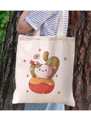 BK Gift Kedi Tasarımlı Kanvas Bez Çanta, Baskılı Omuz Çantası, Alışveriş Çantası, Plaj Çantası9