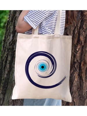 BK Gift Nazar Boncuğu Tasarımlı Kanvas Bez Çanta, Baskılı Omuz Çantası, Alışveriş Çantası, Plaj Çantası4
