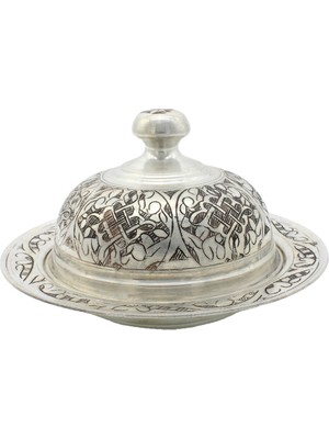Copperdone El Işlemeli Kapaklı Yuvarlak Bakır Servis Tabağı Antik Gümüş Renk 25 cm