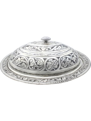 Copperdone El Işlemeli Kapaklı Bakır Kayık Tabak Antik Gümüş Renk 35 cm