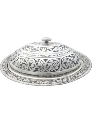 Copperdone El Işlemeli Kapaklı Bakır Kayık Tabak Antik Gümüş Renk 45 cm