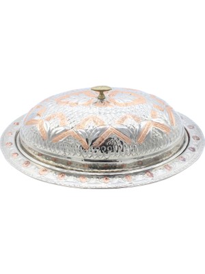 Copperdone Desenli Bakır Kapaklı Kayık Tabak Gümüş Renk 50 cm