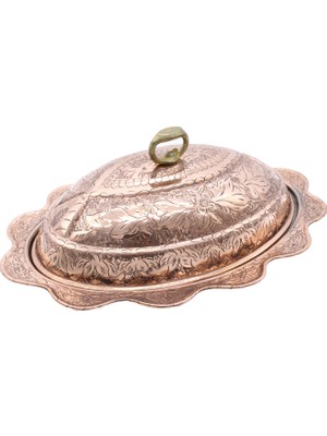 Copperdone Ağır El Işlemesi Çiçek Desenli Bakır Kayık Tabak 40CM