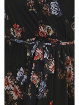 Modaymış Kruvaze Şifon Elbise Siyahçiçekli - 5078.1322.