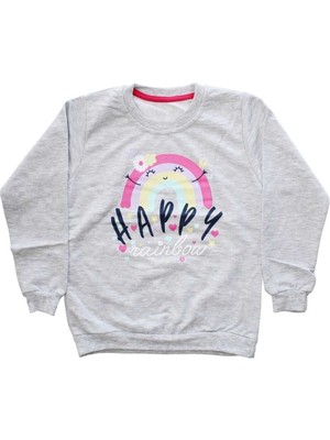 by BebekOdam Kız Çocuk Gri Happy Gökkuşağı Baskılı Tek Üst Sweat