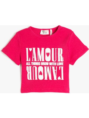 Koton Crop Tişört Kısa Kollu Baskılı Bisiklet Yaka Fitilli