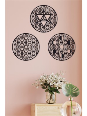 Unt Kutsal Geometri 3 Lü Set, Yaşam Çiçeği, Merkaba, Ay Evreleri Duvar Dekoru, Ahşap Dekoratif Tablo