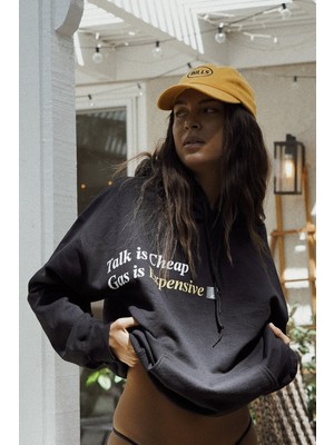Madmext Siyah Baskılı Oversize  Kapüşonlu Sweatshirt MG1573