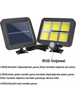 Hubstein Kumandalı 3 Modlu Güneş Enerjili Solar 120 Cob LED Bahçe Lambası Hareket Sensörlü Duvar Aydınlatma