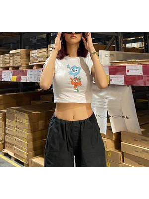 Touz Moda Gumball Baskılı Beyaz Crop