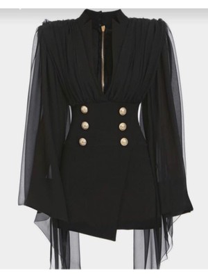 Raheel Fashion Kadın Modern Siyah Tül Detaylı Kısa Elbise RL-284