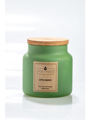 Mois Candle Apple Mango Kokulu - 3 Fitilli Mat Yeşil Ahşap Kapaklı Kavanoz Mum - 700 gr