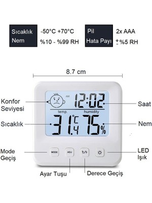 Upway Dijital LCD Masaüstü Saat Sıcaklık Nem Konfor Alarm LED Işıklı Mini Saat