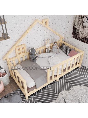 Zerka Concept Marina Ithal Ladin Ahşap Çatılı Montessori Çocuk Karyola 100*200 cm