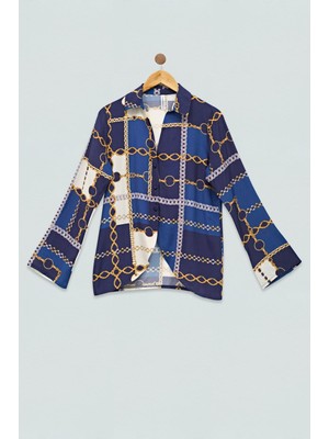 For You woman Zincir  Desenli  Saks Gömlek