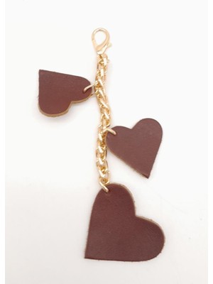 Angel Çanta Aksesuar Kızıl Kahve Gerçek Deri Kalpli Süs Püskül Light Gold Zincirli