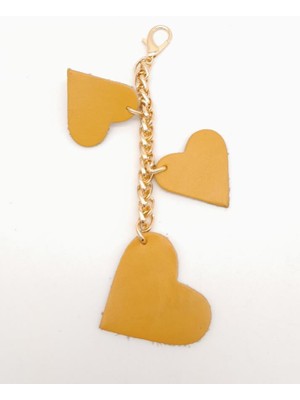 Angel Çanta Aksesuar Hardal Gerçek Deri Kalpli Süs Püskül Light Gold Zincirli
