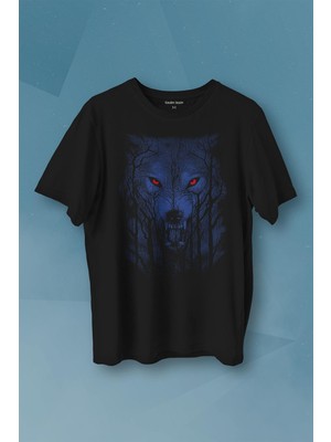 Kendim Seçtim Gece Vahşi Ormada Bozkurt Bordo Maviz Gözlü Kurt Wolf Baskılı Tişört Unisex T-Shirt10