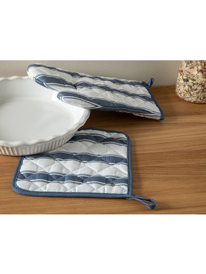 English Home Blue Lines Polyester 2'li Mutfak Seti Lacivert