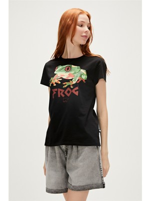 Bad Bear Frog T-Shirt Siyah Baskılı Kadın Tişört10