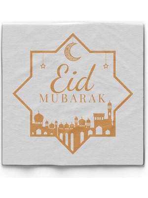 Altın Varaklı Ramazan Temalı Eid Mubarak Peçetesi 16 Adet Beyaz Renk