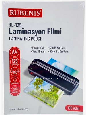 Rubenis A4 Boyut Laminasyon Kaplama Filmi 125 Micron 100'lü Paket