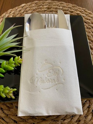 Kidspartim Gümüş Beyaz Cepli Air Touch Eid Mubarak Peçete 12 Adet 40X40