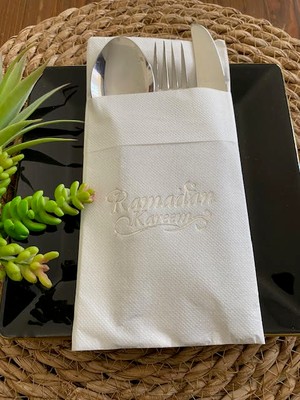 Kidspartim Gümüş Beyaz Cepli Ramadan Karem Peçete 12 Adet 40X40 Yeni Model