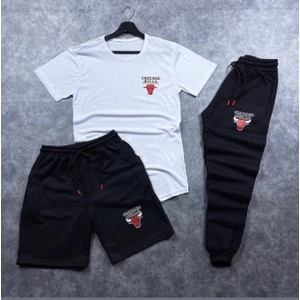 New Cabin 3'lü Unisex Yazlık Şort-Eşofman Altı-Tişört Slim Fit Bulls Baskılı Takım Kombin Alt Üst