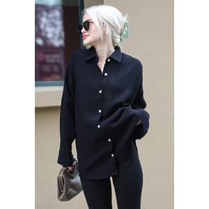 Siyah Muslin Kumaş Basic Kadın Gömlek MG1660