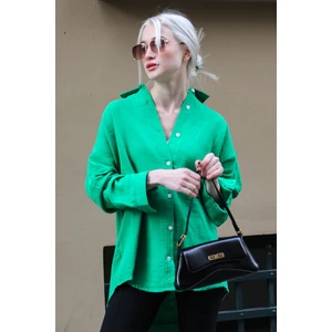 Yosun Yeşili Muslin Kumaş Basic Kadın Gömlek MG1660