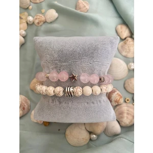 Vaye Ticaret Pembe Kuvars-Krem Turkuaz Taşından 2'li Doğal Taş Bileklik