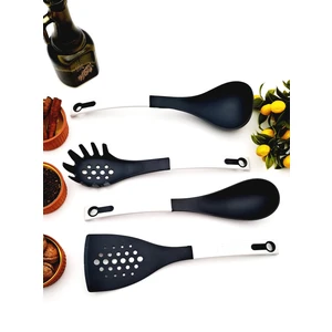 Teflon Yanmaz Servis Kepçe Kaşık Seti 4 Parça Beyaz Siyah Renk Çizdirmez Çeyiz Seti