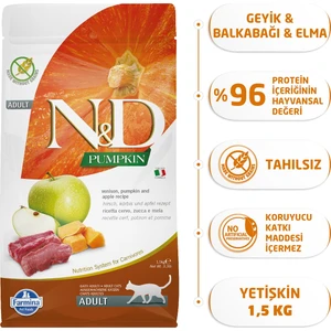 N&d Pumpkin Kedi Tahılsız Geyik Etli Bal Kabaklı ve Elmalı Yetişkin Kedi Maması 1,5 kg